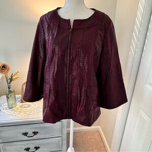 Susan Graver Style Womens Jacket Faux Leather Size M Zip Up Burgundy Snake skin